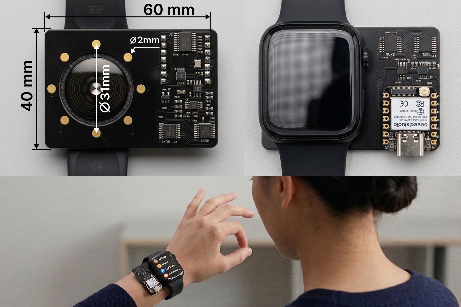 Three-panel overview of EITWatch. Top left: the custom board with eight gold electrodes around a 31 mm circle, annotated with its 40 by 60 mm dimensions. Top right: the board beside a standard smartwatch, its microcontroller module visible. Bottom: a person wearing the prototype performs a pinch gesture above the watch.