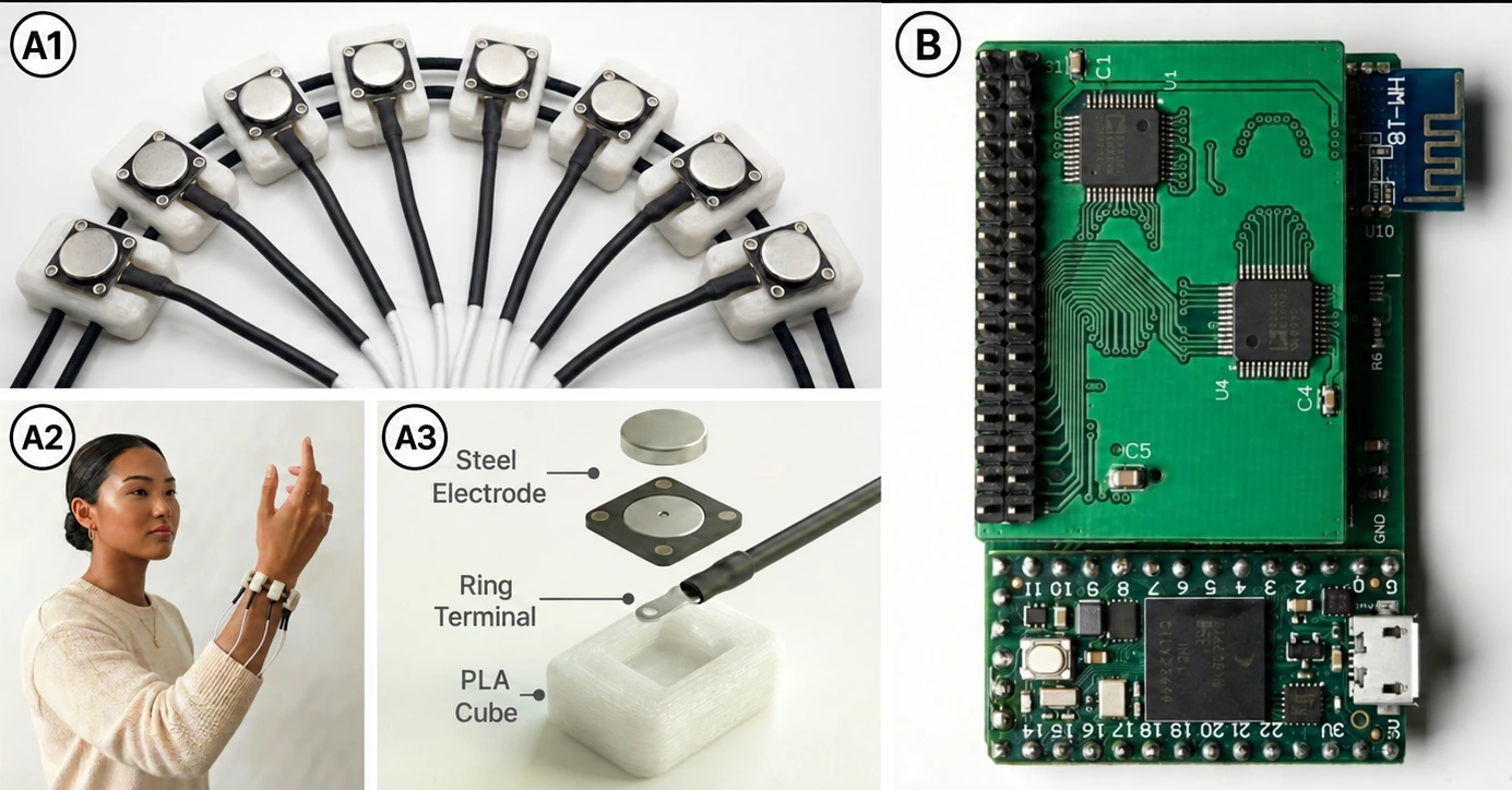 The sensing hardware: eight stainless-steel electrodes in printed housings on an elastic band, a wearer with the band on the forearm, an exploded view of one electrode with its ring terminal and printed housing, and the green sensing board with a microcontroller.
