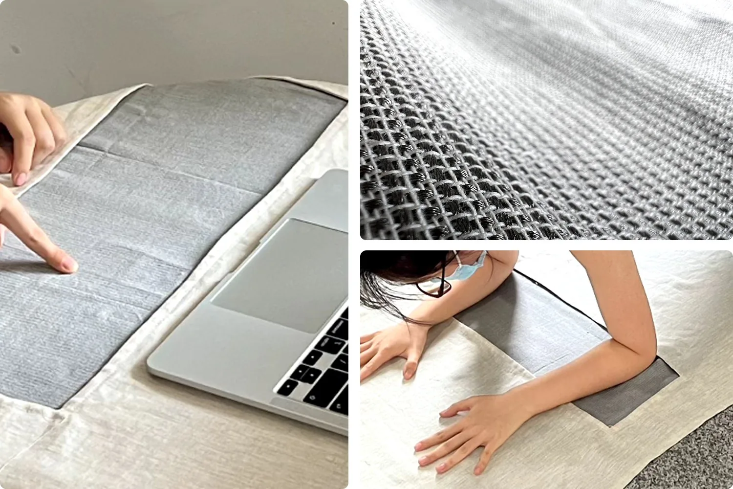Three photos of the TacTex textile. Left: a person touches a large woven panel lying beside a laptop. Top right: a close-up of the weave with conductive and non-conductive yarns interlaced. Bottom right: a person rests both hands and forearms on a fabric sheet with woven electrode regions.